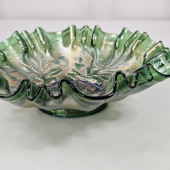 Vintage FENTON Carnival Glass THISTLE GREEN Ruffled Edge 9" Iridescent Bowl - Picture 4 of 11